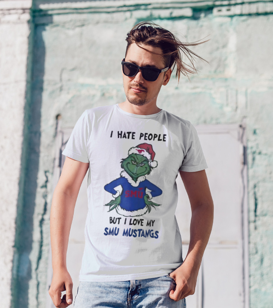 I Hate People But I Love My SMU Mustangs Grinch Santa Hat Christmas T-Shirt