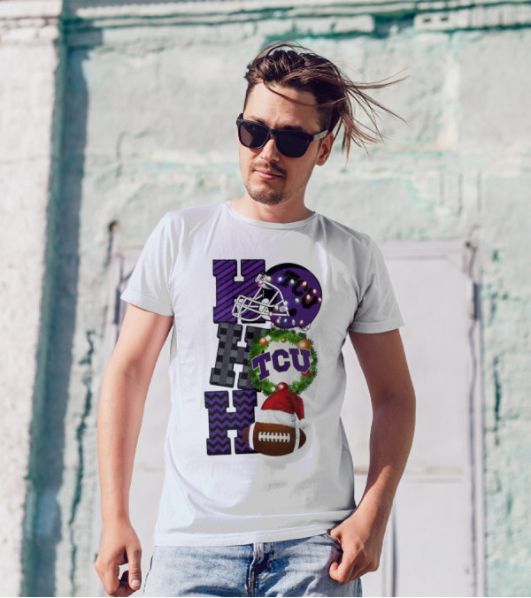 TCU Horned Frogs Football Christmas Ho Ho Ho Helmet And Wreath Game Day T-Shirt