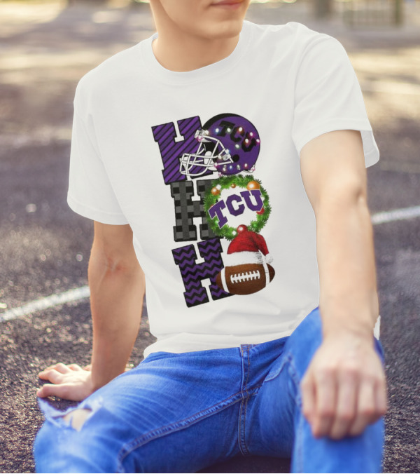 TCU Horned Frogs Football Christmas Ho Ho Ho Helmet And Wreath Game Day T-Shirt