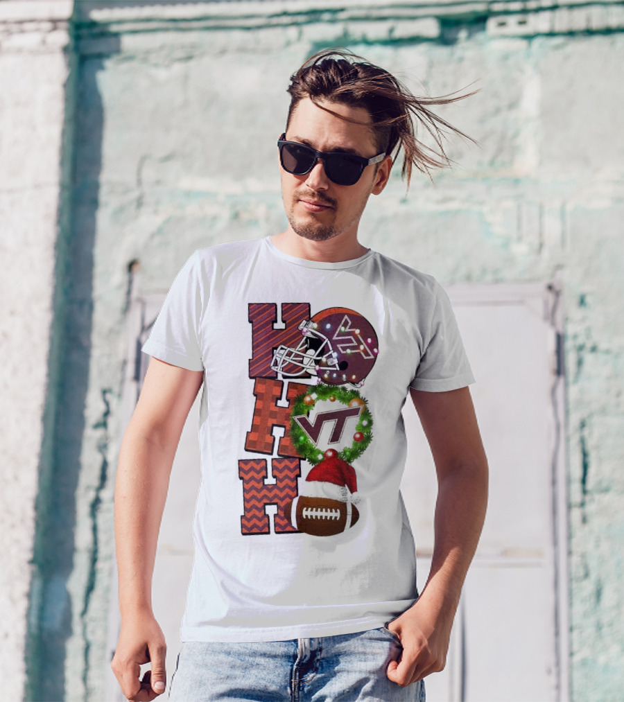 Virginia Tech Hokies Football Christmas Ho Ho Ho VT Helmet Wreath Game Day T-Shirt
