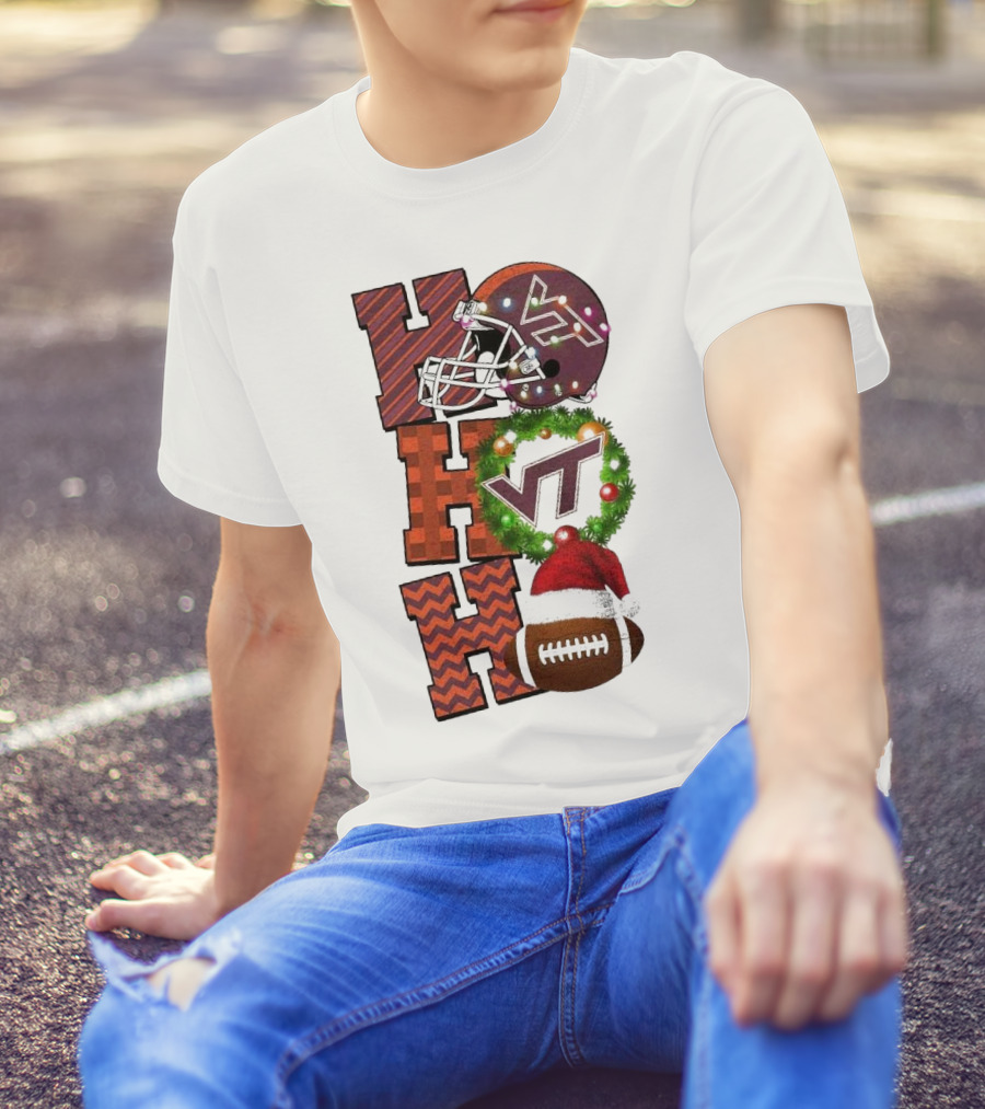 Virginia Tech Hokies Football Christmas Ho Ho Ho VT Helmet Wreath Game Day T-Shirt