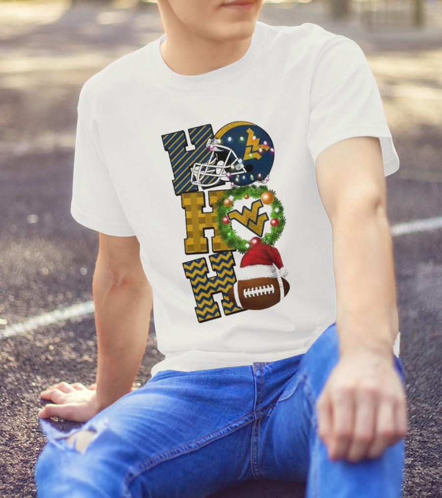 West Virginia Mountaineers Football Christmas Ho Ho Ho Helmet Wreath Santa Hat Game Day T-Shirt