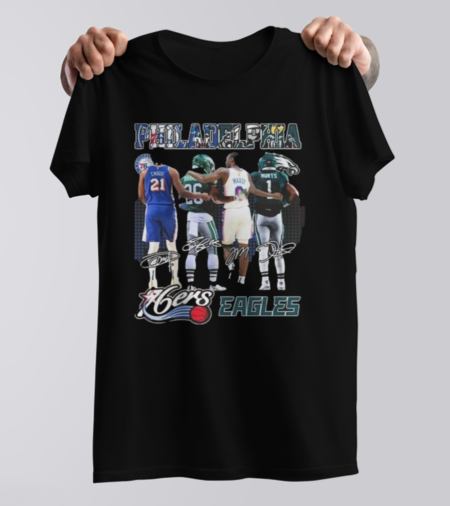 Philadelphia 76ers Joel Embiid And Philadelphia Eagles Sanders Hurts Collaborative Signature T-Shirt