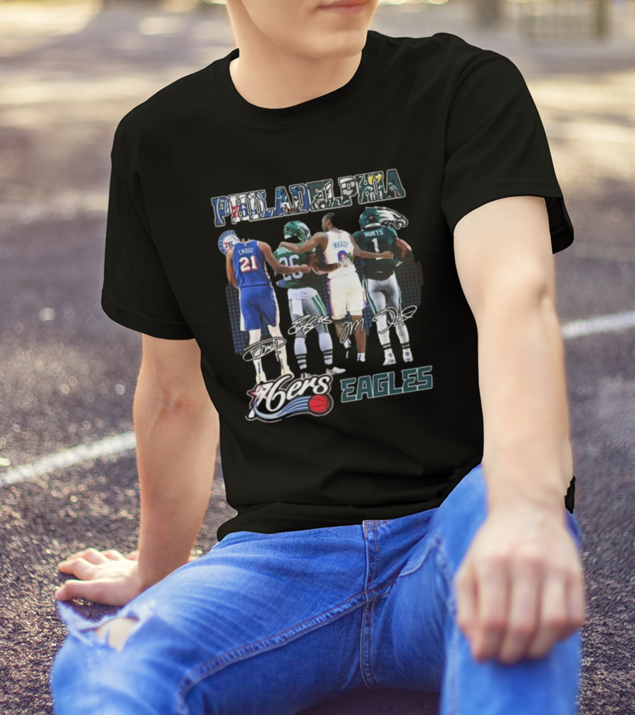 Philadelphia 76ers Joel Embiid And Philadelphia Eagles Sanders Hurts Collaborative Signature T-Shirt