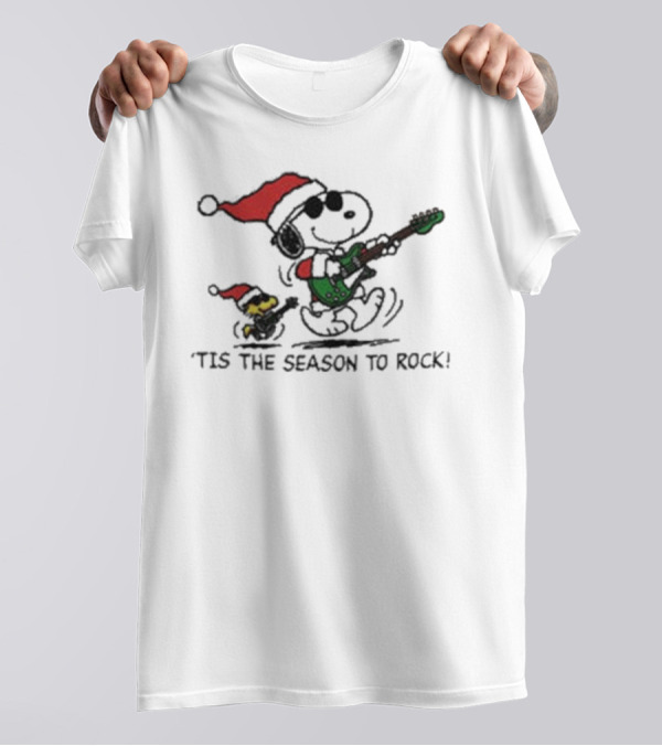 Peanuts Snoopy And Woodstock Christmas Tis The Season To Rock Santa Hat Guitar T-Shirt