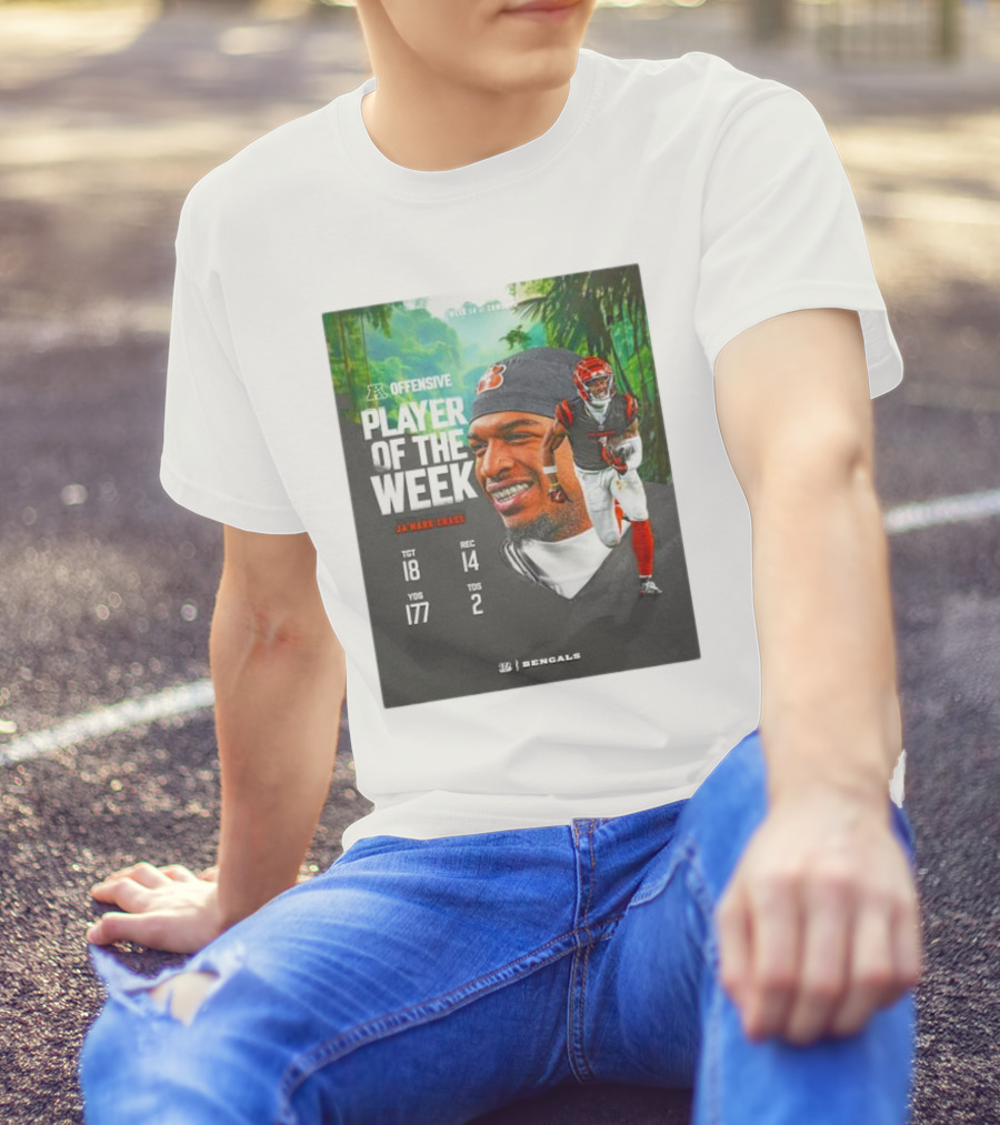 Ja’Marr Chase Cincinnati Bengals AFC Offensive Player Of The Week TGT 18 REC 14 YDS 177 TDS 2 Bengals T-Shirt