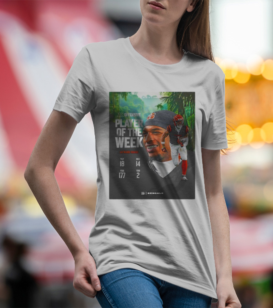 Ja’Marr Chase Cincinnati Bengals AFC Offensive Player Of The Week TGT 18 REC 14 YDS 177 TDS 2 Bengals T-Shirt