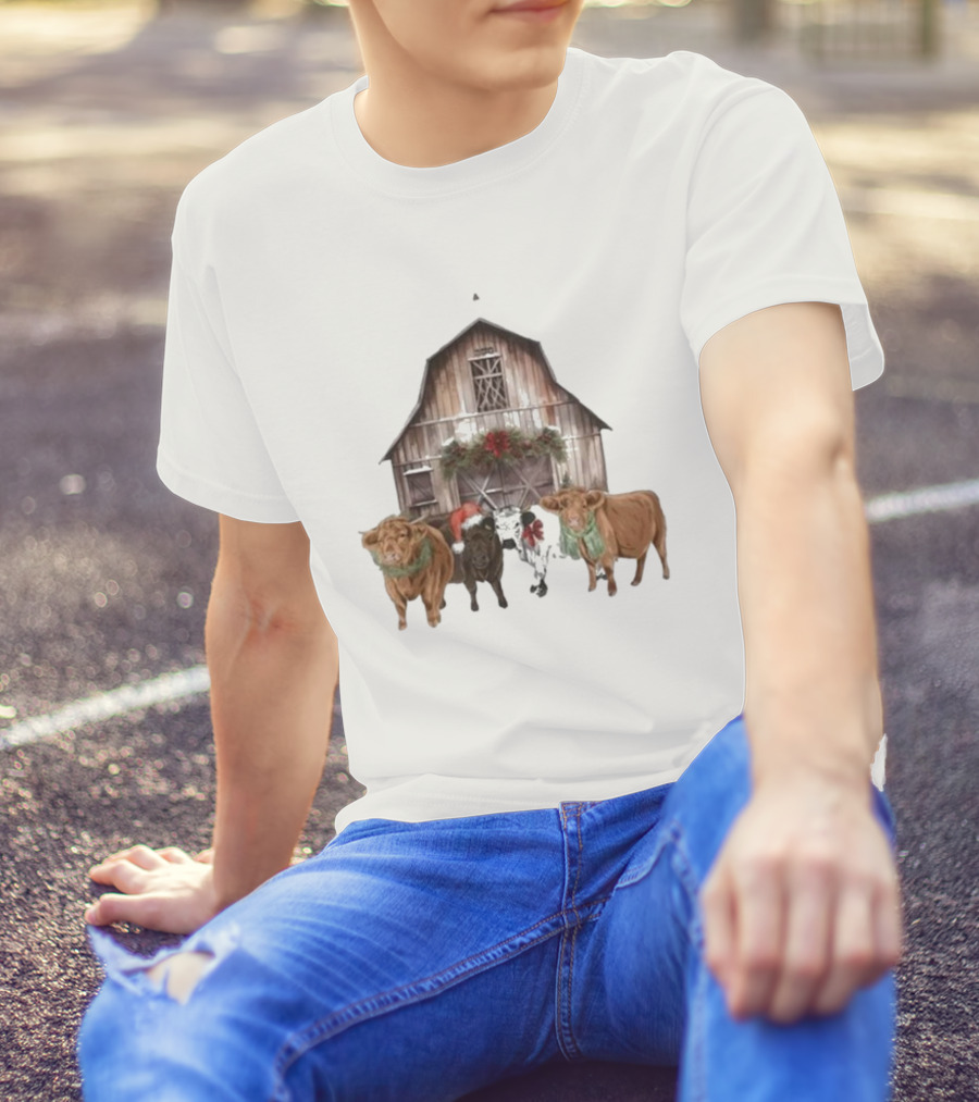 Katie Van Slyke Christmas Cows Barn Holiday Scene By Katie Van Slyke T-Shirt