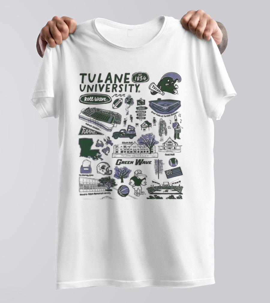 Tulane University Green Wave Roll Wave New Orleans Landmarks Est 1834 Tulane Stadium Riptide Mascot Iconography T-Shirt