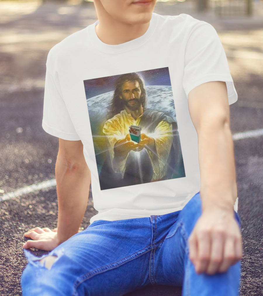 Jesus Offering Marlboro Cigarettes On Cosmic Background T-Shirt