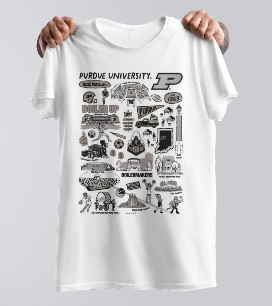 Purdue University Boilermakers Hail Purdue Mackey Arena Ross-Ade Stadium Memorial Mall Purdue Pete Engineering Fountain Boiler Up Purdue Impressions T-Shirt