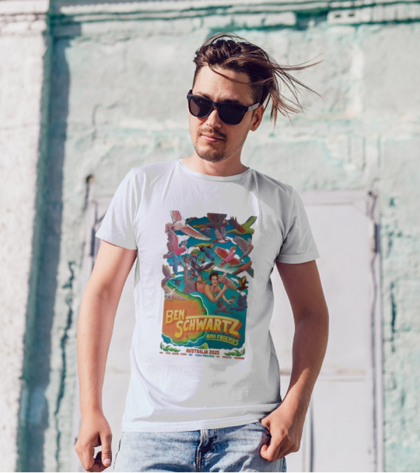 Ben Schwartz And Friends Australia 2025 Tour Birds Flying Surrounding Cartoon Character T-Shirt