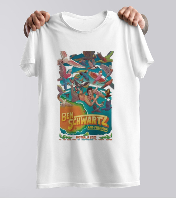 Ben Schwartz And Friends Australia 2025 Tour Birds Flying Surrounding Cartoon Character T-Shirt