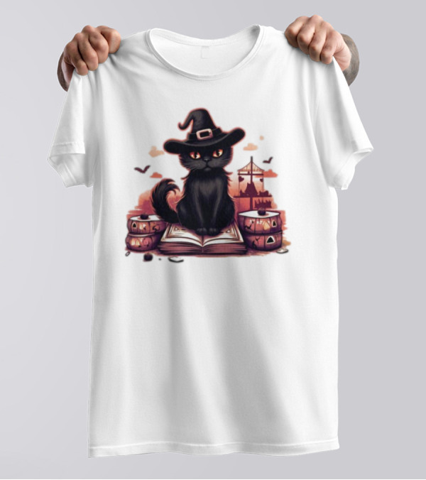 Cat Magic Halloween Witch Hat Pumpkins And Spellbook T-Shirt
