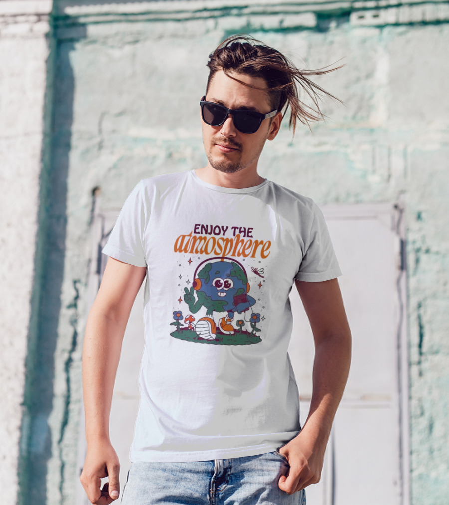 Enjoy The Atmosphere Planet Earth Headphones Peace Flowers T-Shirt