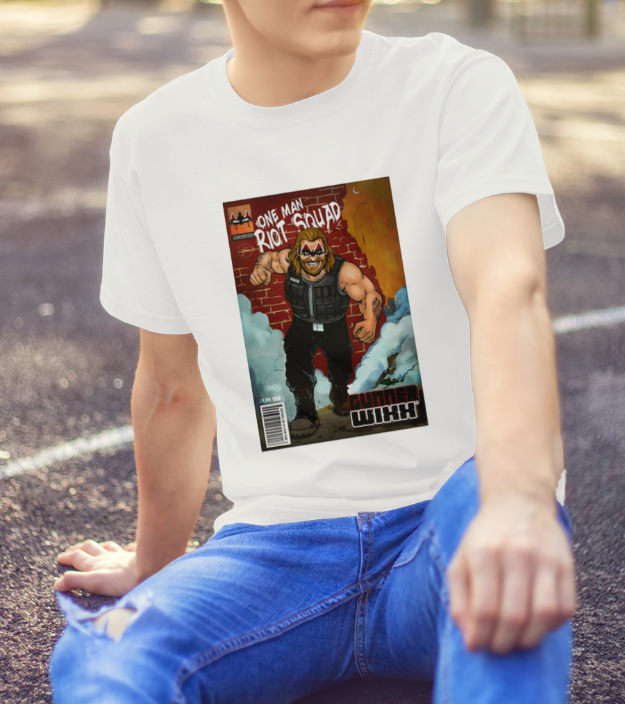 One Man Riot Squad Comic Cover Gunner Wixx Face Paint Featuring Champion Branding T-Shirt