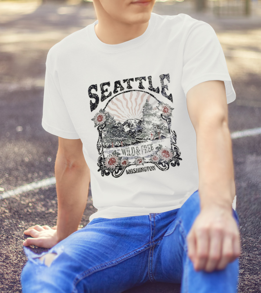 Seattle Washington Wild And Free Sunrise Trees Flowers T-Shirt