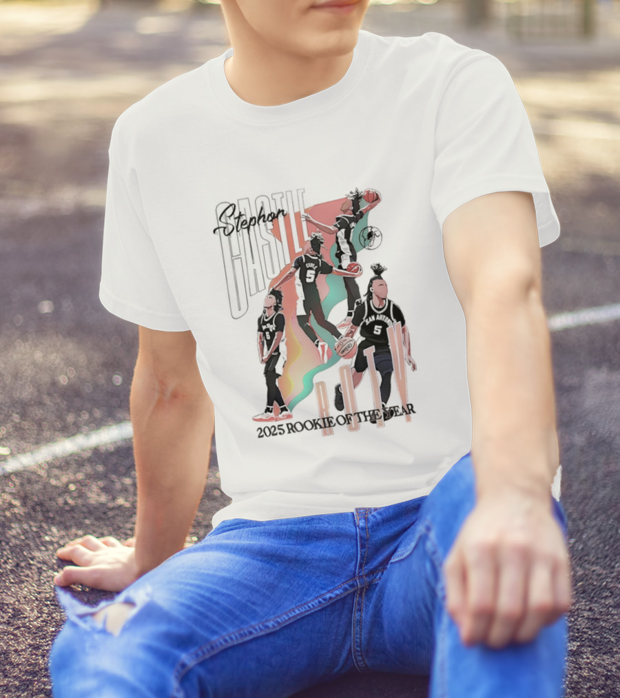 Stephon Castle San Antonio Spurs ROTY 2025 Rookie Of The Year Basketball Motion Stripes T-Shirt