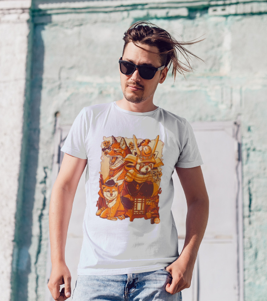 Tenhun Orange Fuzz Fox And Samurai Red Panda With Lantern T-Shirt