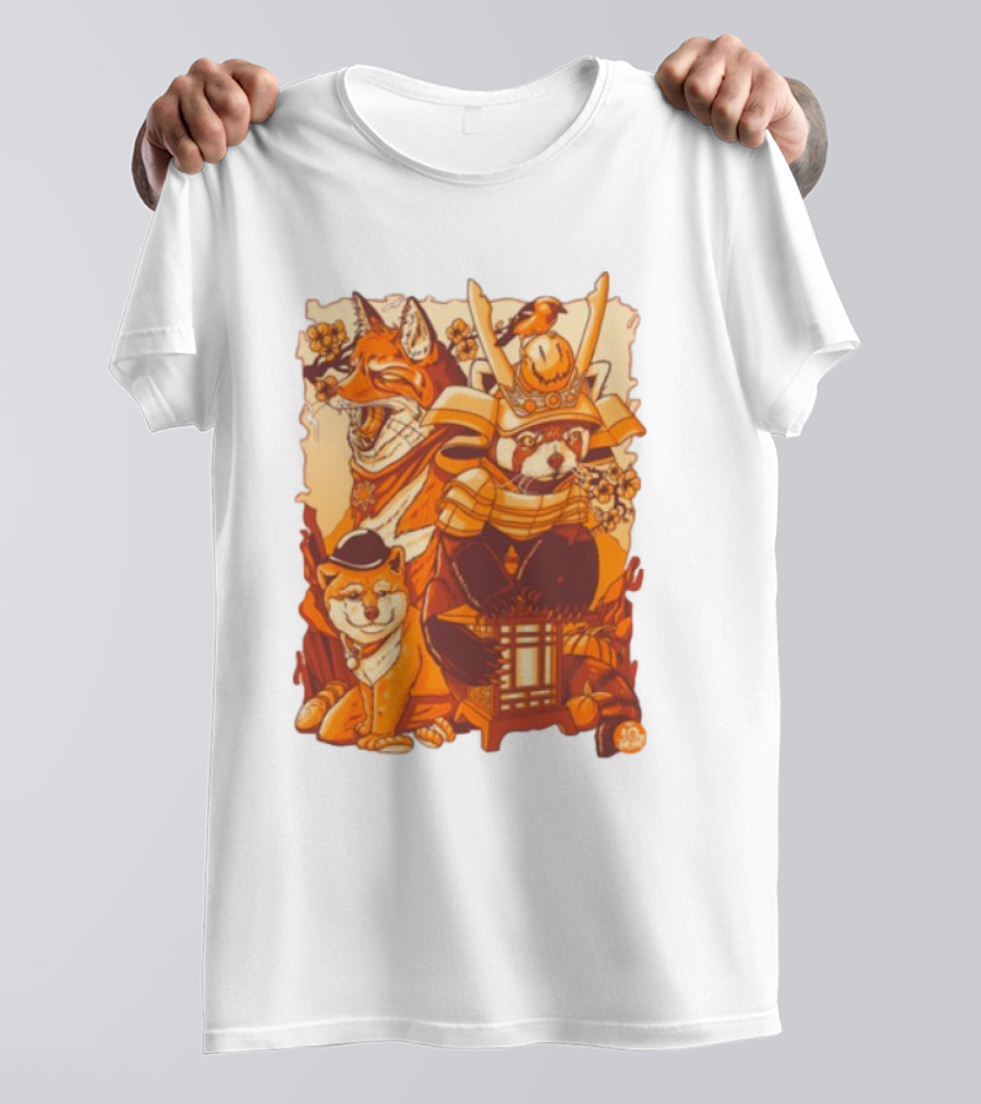 Tenhun Orange Fuzz Fox And Samurai Red Panda With Lantern T-Shirt