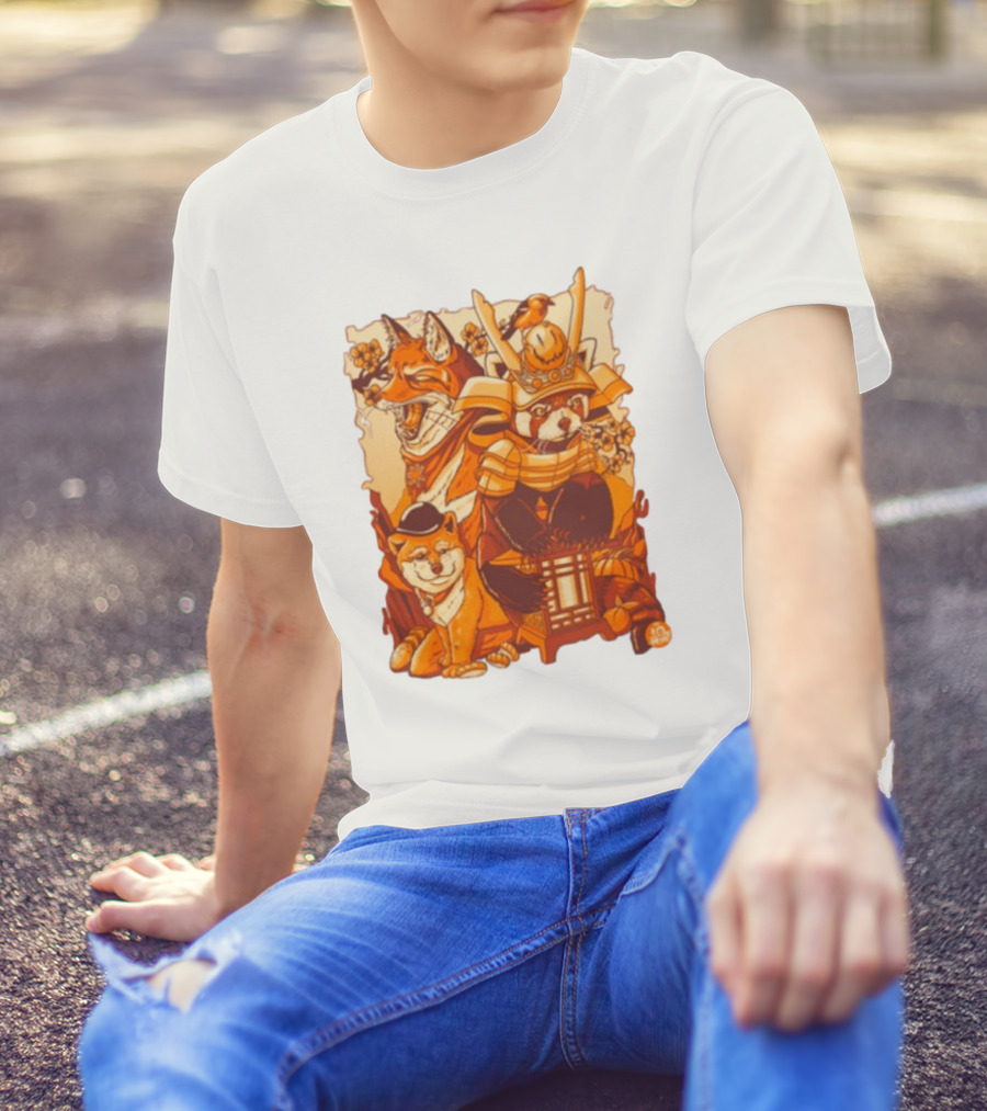 Tenhun Orange Fuzz Fox And Samurai Red Panda With Lantern T-Shirt