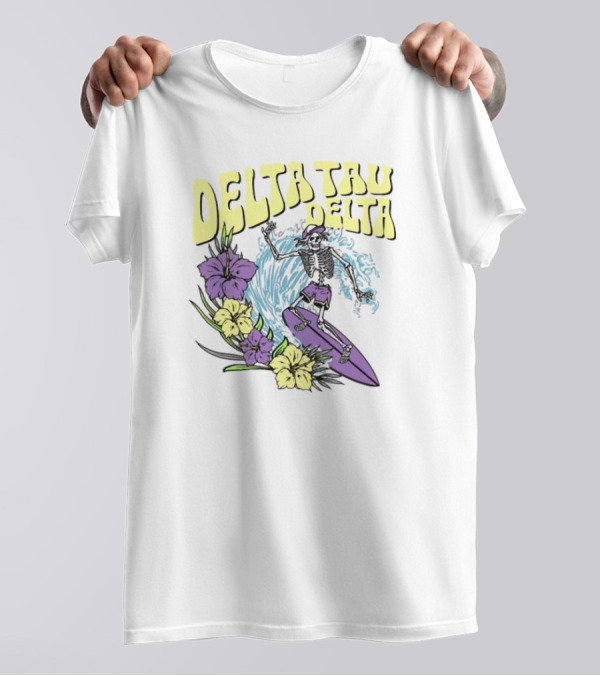Delta Tau Delta Ride The Wave Skeleton Surfing With Floral Accents T-Shirt