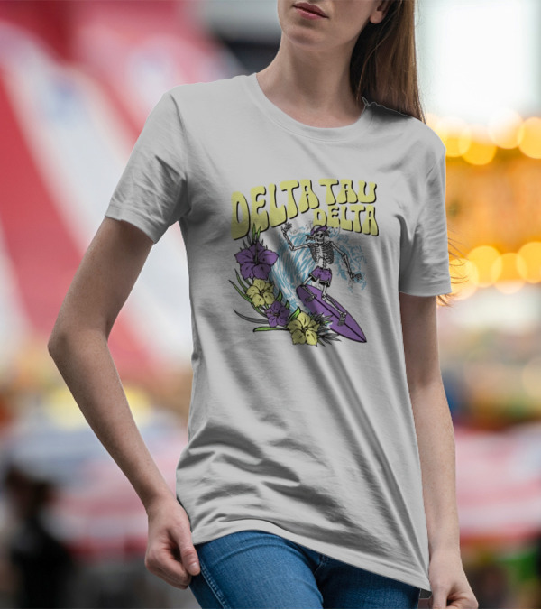 Delta Tau Delta Ride The Wave Skeleton Surfing With Floral Accents T-Shirt