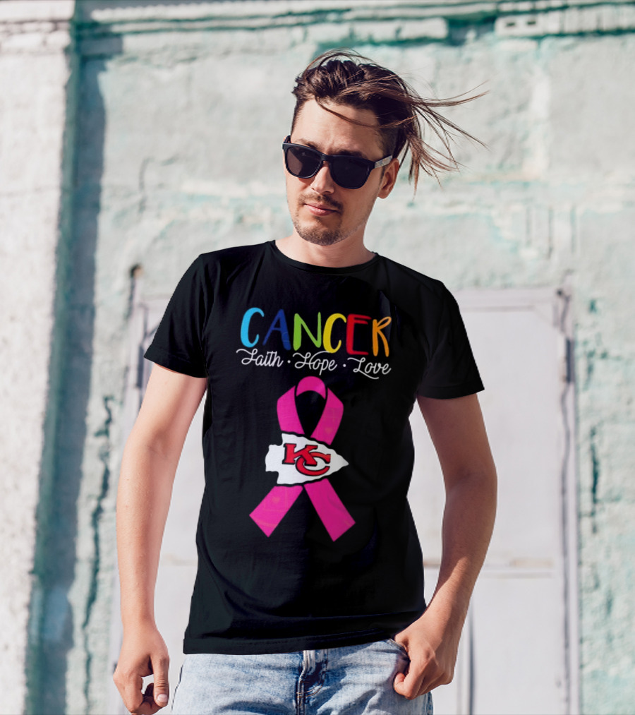 Kansas City Chiefs Pink Ribbon Cancer Faith Hope Love 2025 T-Shirt