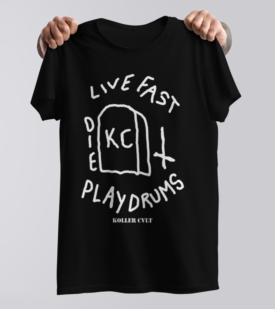 Koller Cvlt Live Fast Die Play Drums KC Gravestone Cross Design T-Shirt