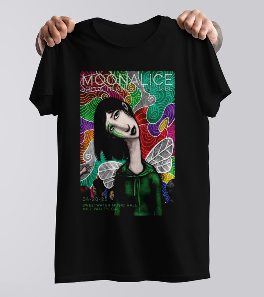 MOONALICE 420 Gathering Of The Tribe 04-20-2025 Sweetwater Music Hall Mill Valley CA Colorful Psychedelic Art With Winged Character T-Shirt
