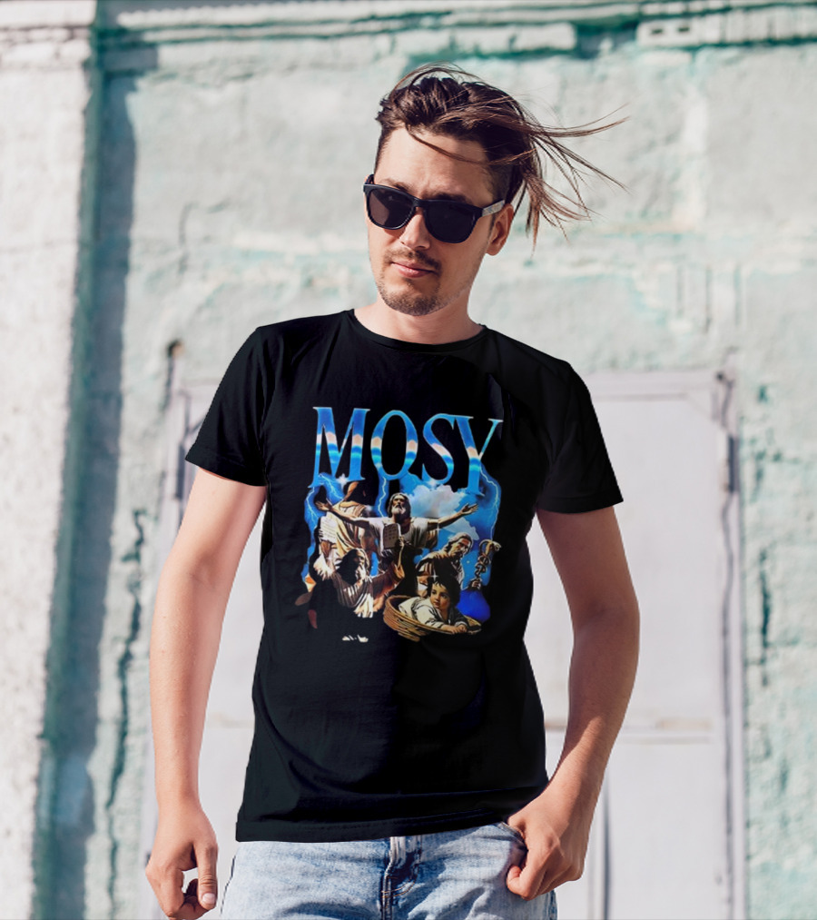 Mosy Moses Biblical Imagery With Lightning Clouds And Figures T-Shirt