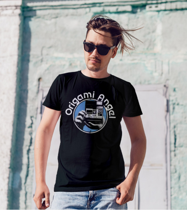 Origami Angel Polaroid Camera Blue Circle T-Shirt