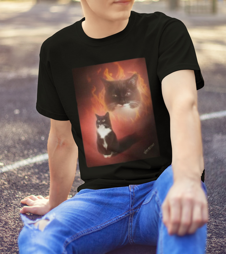 Olan Meows Black And White Cat Flames Retro Theme T-Shirt