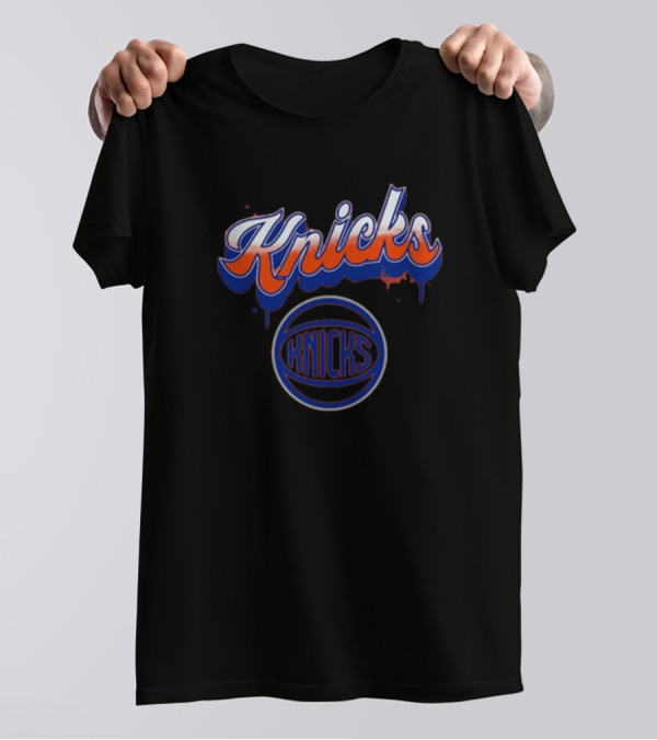 New York Knicks Orange Blue Bubbly Script Basketball Emblem T-Shirt
