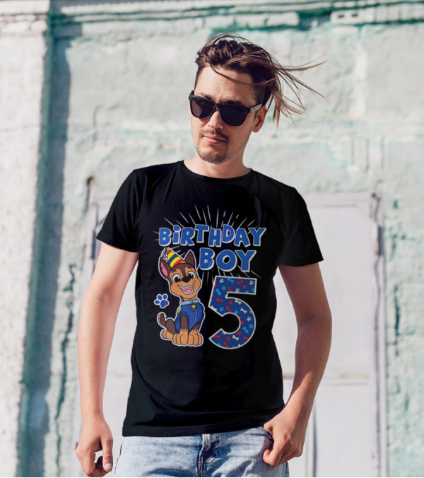 Paw Patrol Birthday Boy 5 Chase Party Hat And Paw Print T-Shirt