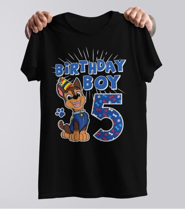 Paw Patrol Birthday Boy 5 Chase Party Hat And Paw Print T-Shirt
