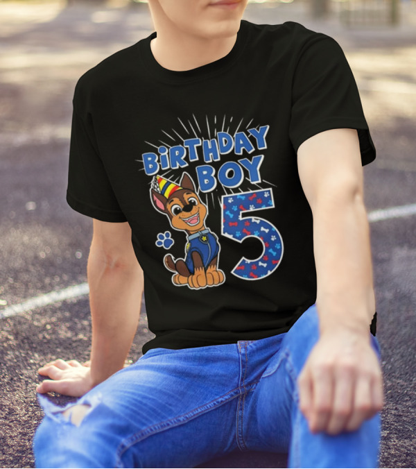 Paw Patrol Birthday Boy 5 Chase Party Hat And Paw Print T-Shirt