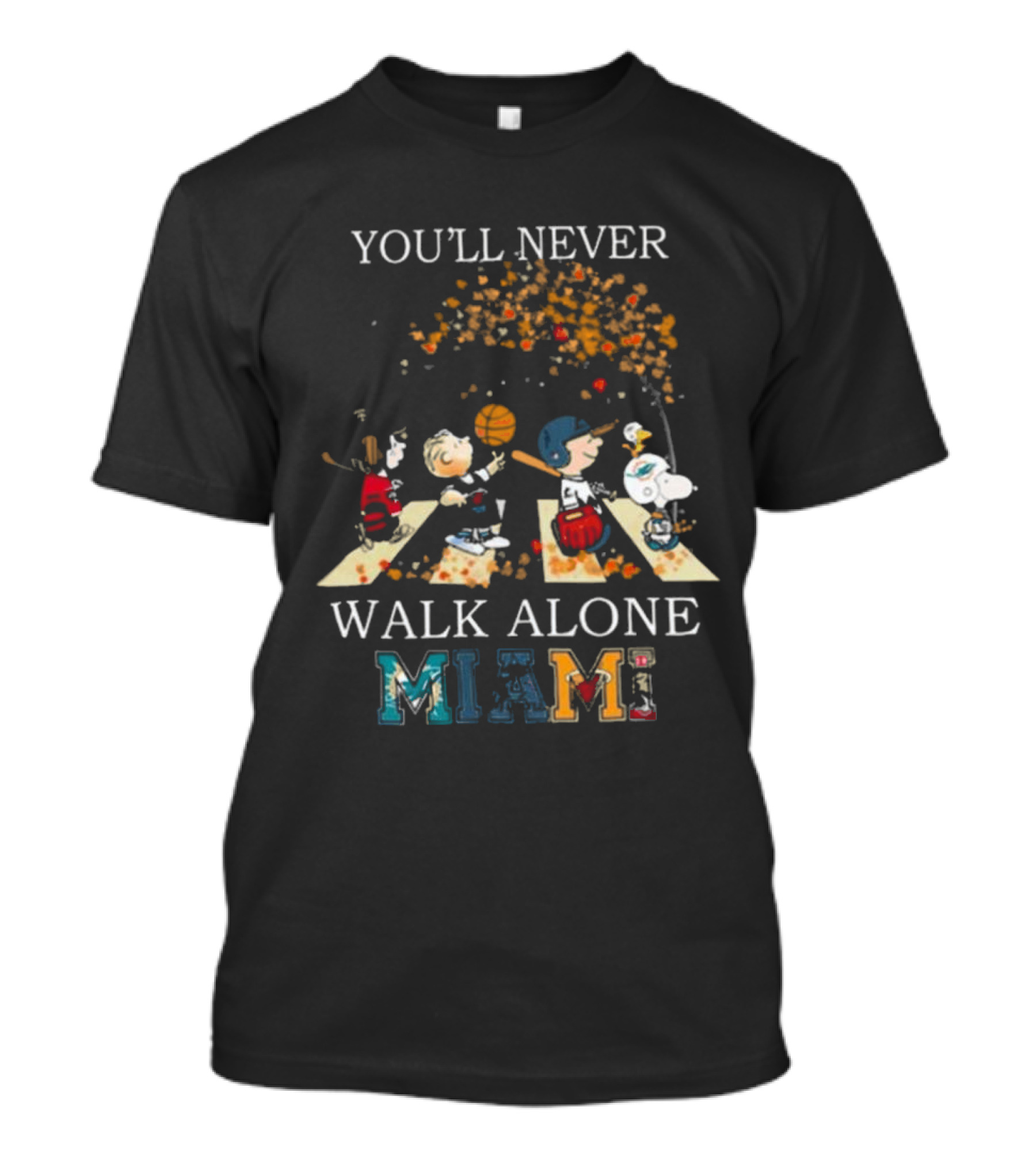 You’ll Never Walk Alone Miami Peanuts Characters Baseball Crossing Abbey Road T-Shirt