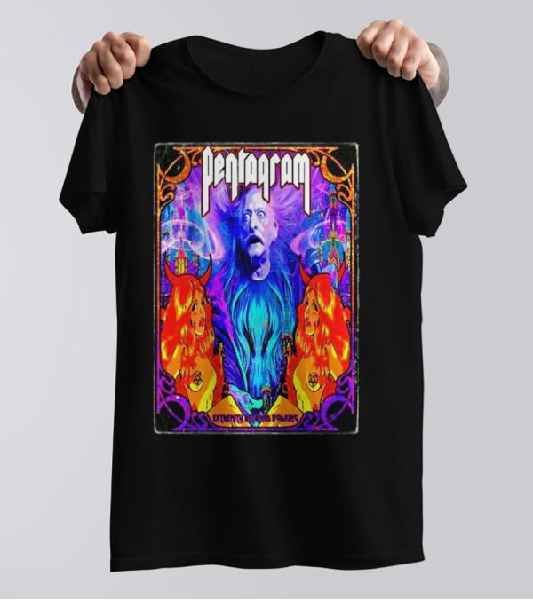 Pentagram Band US Tour 2025 Extremity Retained Booking Vibrant Artwork Featuring Mystical Figures T-Shirt