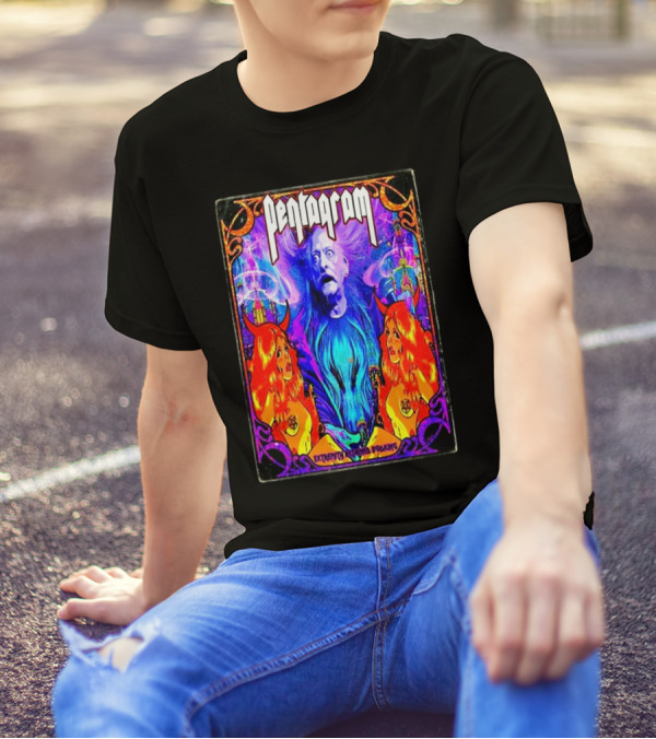 Pentagram Band US Tour 2025 Extremity Retained Booking Vibrant Artwork Featuring Mystical Figures T-Shirt