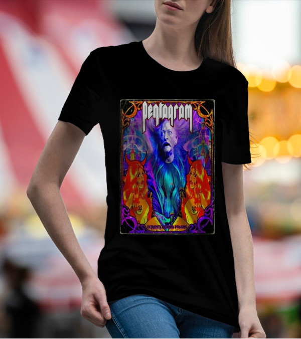 Pentagram Band US Tour 2025 Extremity Retained Booking Vibrant Artwork Featuring Mystical Figures T-Shirt