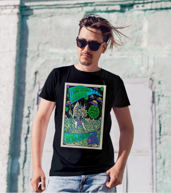 Perpetual Groove April 11-12 2025 Denver Colorado Artwork Aliens Mountains Fantasy Scene T-Shirt