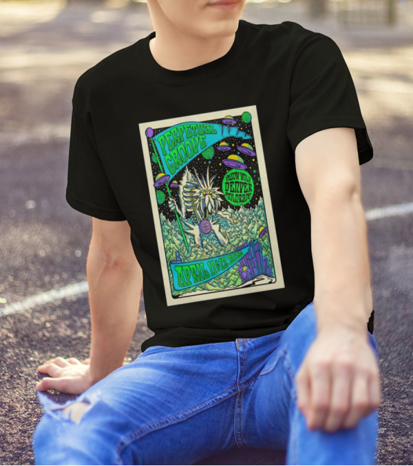 Perpetual Groove April 11-12 2025 Denver Colorado Artwork Aliens Mountains Fantasy Scene T-Shirt