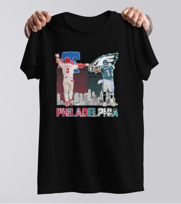 Philadelphia 2025 Bryce Harper Jalen Hurts Eagles Phillies Cityscape T-Shirt