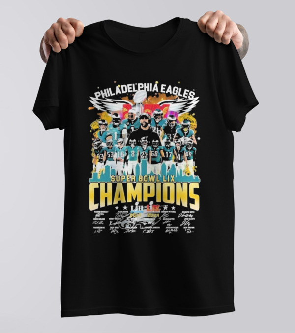 Philadelphia Eagles Super Bowl LIX Champions 2X City Skyline And Team Celebration T-Shirt