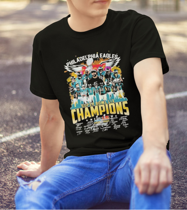 Philadelphia Eagles Super Bowl LIX Champions 2X City Skyline And Team Celebration T-Shirt