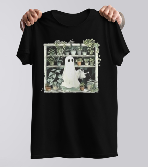 Plant Lady Ghost With Watering Can Surrounded By Indoor Plants Halloween Spooky Gardener T-Shirt