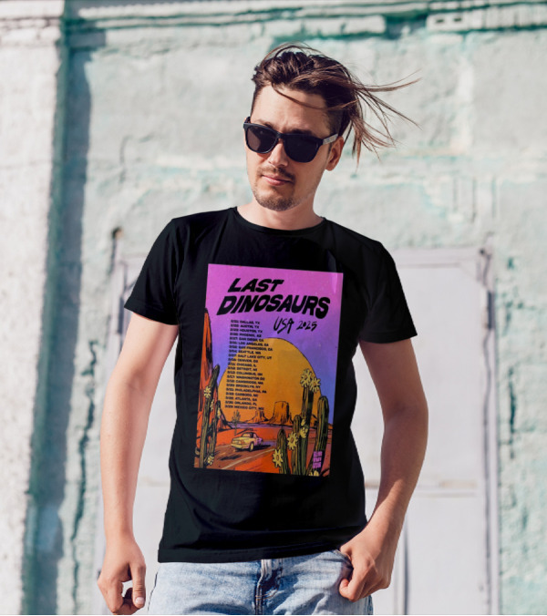 Last Dinosaurs USA 2025 Tour Dates With Desert Scene And Vintage Car T-Shirt