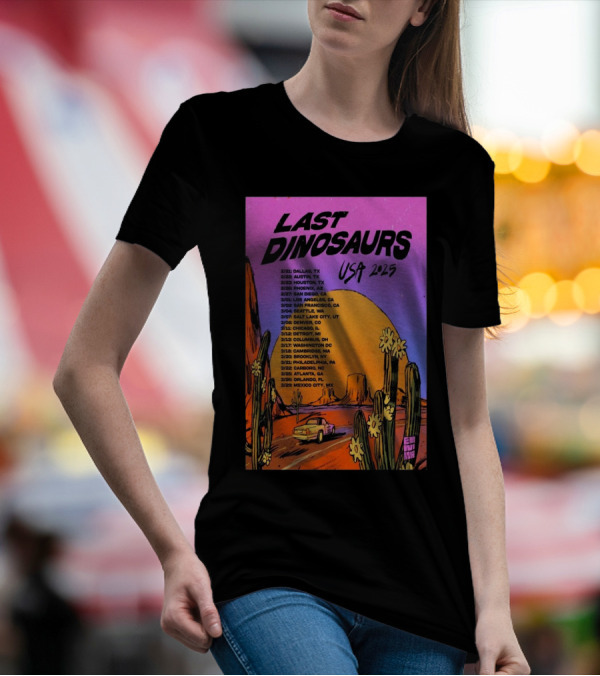 Last Dinosaurs USA 2025 Tour Dates With Desert Scene And Vintage Car T-Shirt