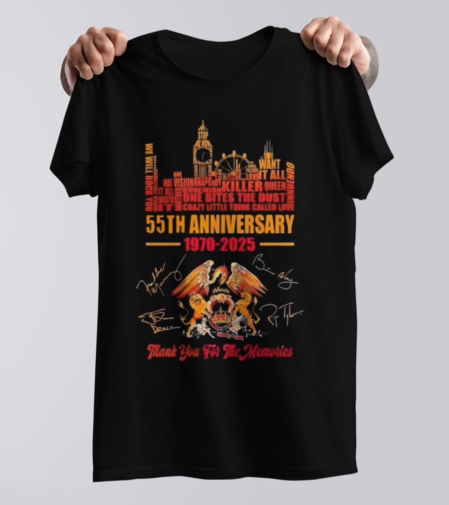 Queen 55th Anniversary 1970-2025 Thank You For The Memories London Skyline And Band Signatures T-Shirt